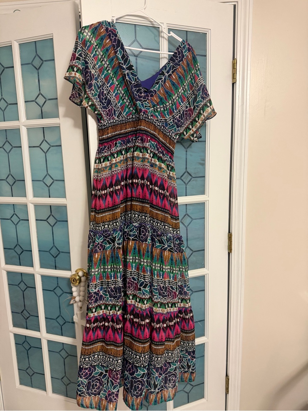 V-Neck Multi-Color Tribal Print Maxi Dress